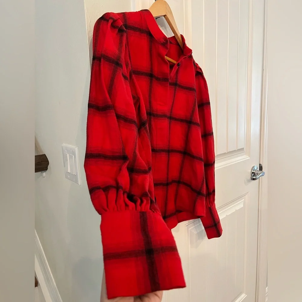 Banana Republic Red Plaid Puff Sleeve Blouse Women’s Size XS
